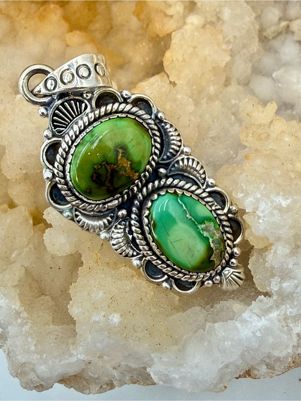 Sterling Silver Double Green Turquoise Southwestern Pendant 2.5” Native American - Picture 13 of 15